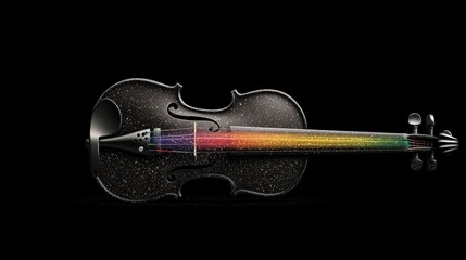 A black violin with a rainbow-colored bow