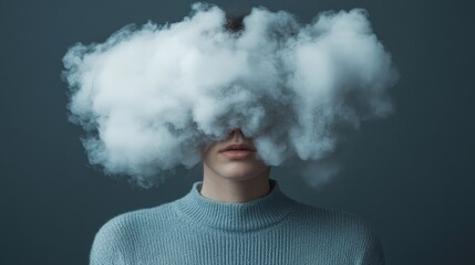 A mysterious figure shrouded in soft clouds creates an enigmatic atmosphere that evokes feelings of curiosity and intrigue, blending human emotions with ethereal visuals.