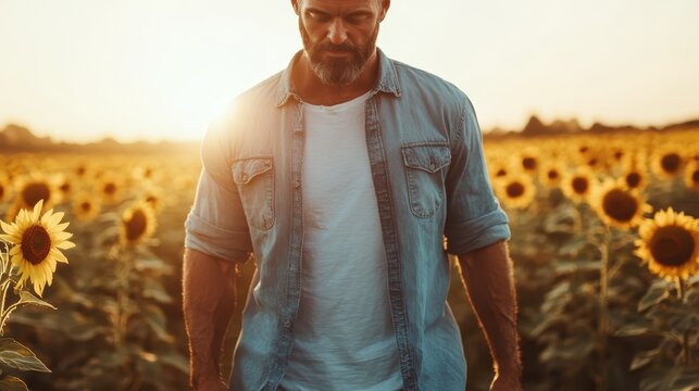 A thoughtful individual stands in an expansive field filled with sunflowers, absorbing the beauty of nature, reflecting peace and tranquility in a stunning golden hour.
