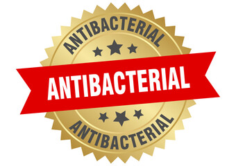 antibacterial. antibacterial round red and gold label isolated on transparent background