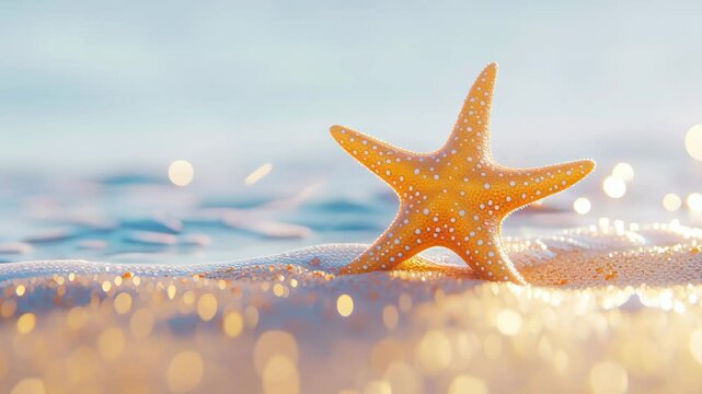 A beautiful orange starfish on a sandy beach with a sparkling sea in the background. Summer vacation and tropical parise concept. Use for travel agency, resort promo, or a coastal decor theme