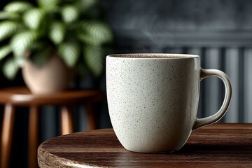 Obraz premium Single White Mug Mockup Placed On A Small Round Café Table With A Terrazzo Finish. The Scene Includes No Writing Or Decor On The Mug Itself. A Stool And Plant Are Softly Blurred In The Background,