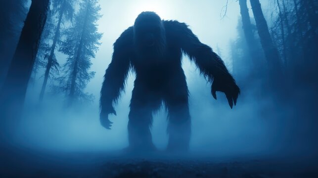 A captivating silhouette of a large creature standing amidst eerie fog in the woods, evoking a sense of mystery and intrigue in a hauntingly atmospheric environment. - Powered by Adobe