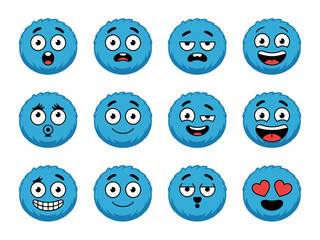Blue Emoji Face Collection – 12 Circular Digital Emoticons with Textured Surface and Fun Facial Expressions for Social Media, Apps, and Web Design