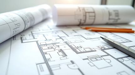 Architectural Blueprint with Tools and Pencils.
