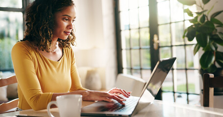 Woman, journalist or home with laptop for morning report, research or tasks with coffee or...