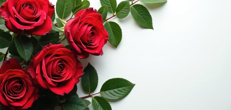 Close-up of red roses with rich green leaves in corner border on white background. Elegant floral arrangement, perfect for romantic themes, Valentine Day, weddings, love, beauty, celebration.