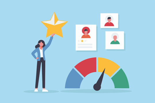 Employee performance review and rating system with a woman holding a star and a speedometer showing performance level illustration
