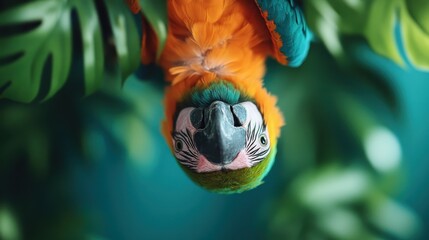 A vivid parrot hanging upside down among tropical green leaves, showcasing the beauty of wildlife while highlighting its vibrant colors and playful nature.