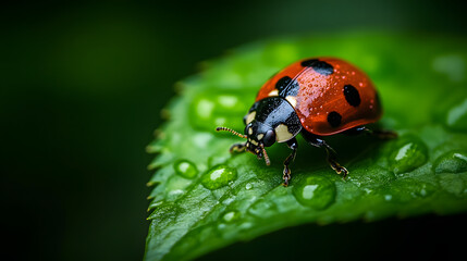 Obraz premium A close-up shot of a ladybug on a vibrant green leaf, its black spots clearly visible as it rests peacefully in nature.