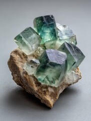 Green fluorite crystal cluster on a rocky base.