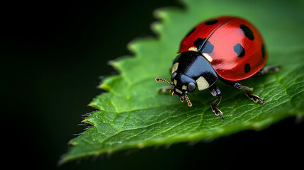 Fototapeta premium A close-up shot of a ladybug crawling along a green leaf, its red shell and black spots highlighted against the rich texture of the leaf surface.
