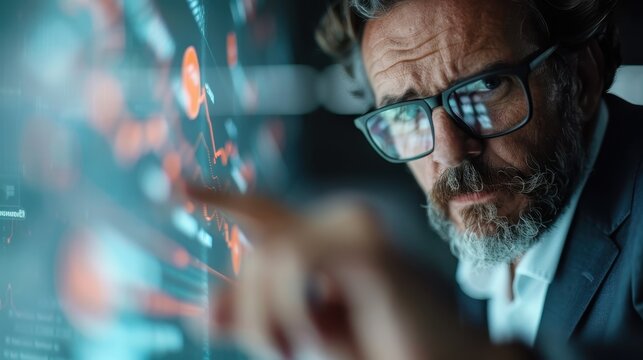A serious business professional examines financial data visualizations displayed on a futuristic screen, showcasing analytics and insights for critical decision-making processes. - Powered by Adobe