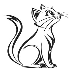 Stylized line art depicts a cat sitting gracefully while looking upwards with poised expression
