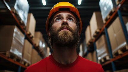 An upward gaze of a man in a hard hat and red shirt, standing in a warehouse filled with stacked boxes, illustrating the journey of diligence and hard work within logistical operations.