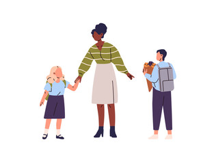 Students bring flowers for Knowledge day at school. Teacher is greeting children, holds kids for hand. First grade schoolchildren with backpacks. Flat isolated vector illustration on white background
