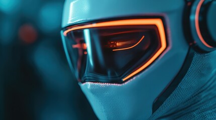 A close-up of a sleek robotic helmet illuminated with vibrant neon accents, showcasing modern technology and design in a cybernetic aesthetic environment.