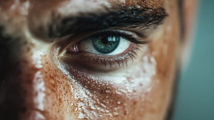 A striking close-up of a man’s eye, showcasing intense focus and determination, revealing emotions such as resilience and strength, enhanced by sweat and physical exertion.