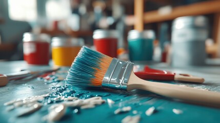 An artistic representation of a paintbrush lying amidst splashes of vibrant paint captures the essence of creativity and the passion behind artistic expression.