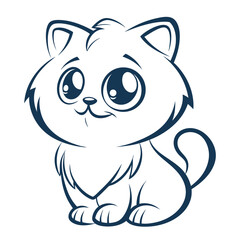 Smiling cartoon cat with big eyes sits patiently in a simple outline