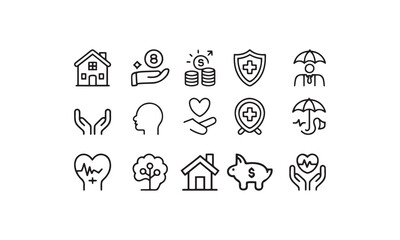 Fototapeta premium Collection of modern black and white line icons representing insurance and financial security concepts