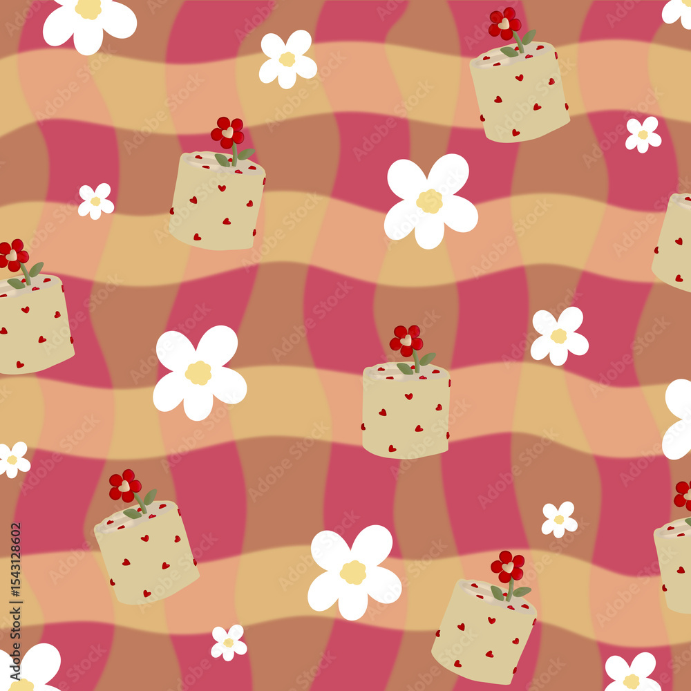 Poster brown and pink background alternating with grid patterns, consisting of flowers and cutely patterned