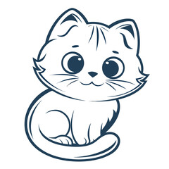 Cute cartoon cat with blue outline illustration sits adorably and smiles sweetly