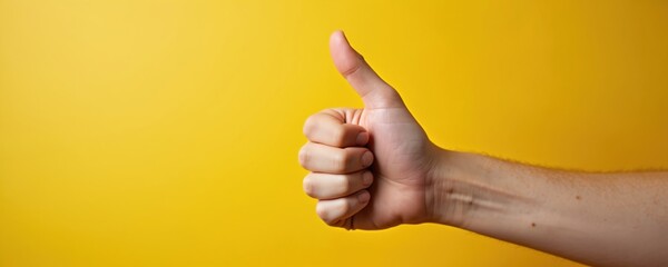 Human hand with thumb up sign, thumbs up emoji on yellow background. Gesture of approval, agreement, support, positive feedback. Optimism, validation, reassurance concept. Symbol of success. Close-up.