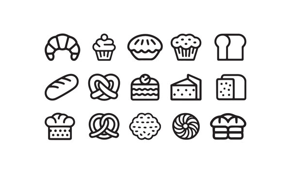 Minimalist bakery icon set featuring various bread_ pastries_ and sweet treats in outlined style