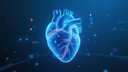 A glowing blue 3D illustration of a human heart with visible veins and arteries