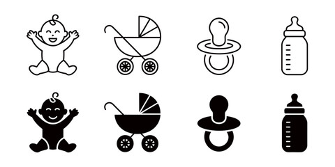 Baby Icon Set. Vector Collection of Infant Symbols Including Bottle, Pacifier, Stroller, and Baby Silhouette