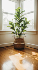 Fiddle Leaf Fig in Woven Basket Planter by Bright Window