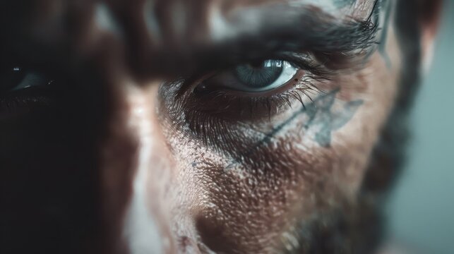 An expressive close-up of a man’s face showcasing intricate tattoos and piercing blue eyes, highlighting strength, identity, and the art of body ink in a gritty aesthetic. - Powered by Adobe