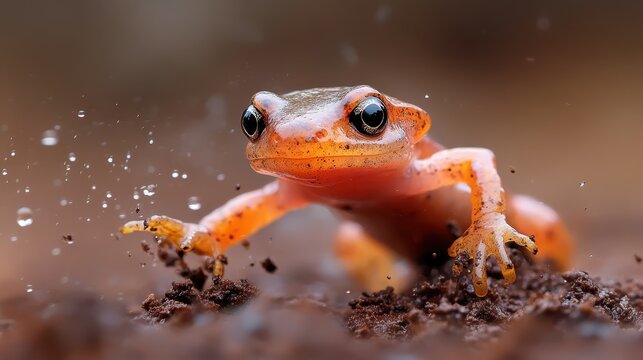 An intriguing close-up shot of a bright orange frog emerging from the soil, showcasing detailed features, emphasizing the beauty of amphibians in their natural habitat. - Powered by Adobe