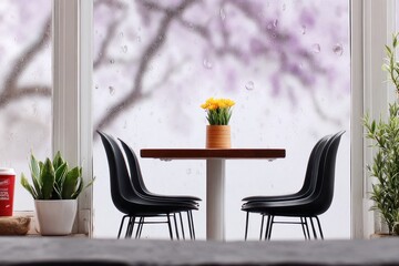 Cozy Modern Cafe Interior with Rain-Streaked Window