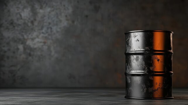 An industrial steel barrel stands alone on a textured surface, capturing the essence of age and wear in a minimalist, yet striking setting full of character.