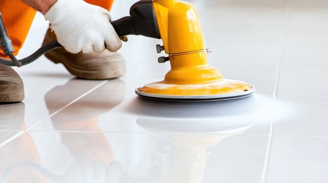 A focused worker using a polishing machine to give tiles a shining finish, showcasing hard work and dedication to maintaining cleanliness and professional standards.