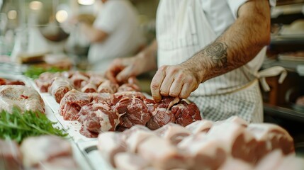 A skilled butcher meticulously prepares various cuts of meat in a professional kitchen, highlighting the craftsmanship and dedication involved in culinary arts and food preparation.