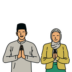 Muslim and Muslimah Minimalist Illustration for Ramadhan, Eid Fitri, and Eid Adha Greeting and Islamic Celebration Design