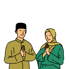 Muslim and Muslimah Minimalist Illustration for Ramadhan, Eid Fitri, and Eid Adha Greeting and Islamic Celebration Design