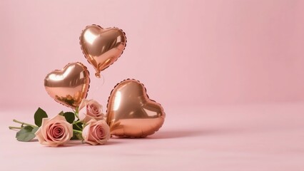 A bouquet of pink roses with three gold heart - shaped balloons against a pink background