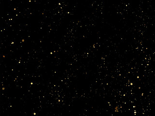 Elegant gold splatter texture on a black background. Abstract vector ink drops and glittery specks create a luxurious and festive design. Perfect for invitations, packaging, posters, brandin