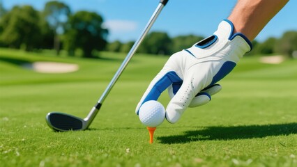 A close - up of a gloved hand placing a golf ball on a tee on a green golf course