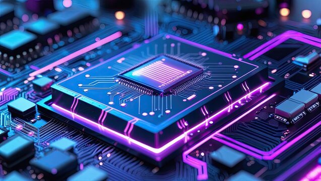 Neon glowing cpu on motherboard circuit board
