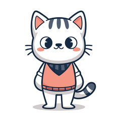 Cartoon cat standing with a sweet smile, wearing a salmon color sweater and scarf