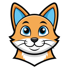 Cheerful fox cartoon character smiles sweetly with bright blue eyes looking up hopefully