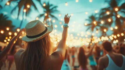 A joyful celebration on the beach as party-goers dance under glowing lights at sunset, capturing the excitement and fun of a tropical gathering with friends.