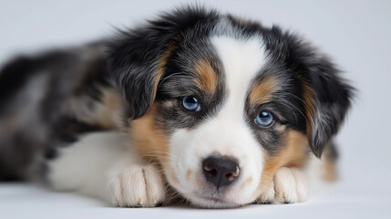 Australian Shepherd puppy on white background with soft lighting