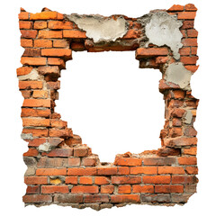 Broken Brick Wall with Cracked and Chipped Surface isolated on transparent white background, clipping path