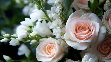 A delicate bouquet of soft pink roses and white jasmine flowers.